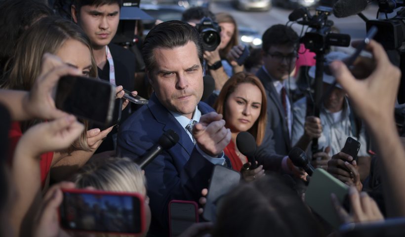 McCarthy Ousted As Speaker Of The House After Historic Vote WASHINGTON, DC - OCTOBER 03: Rep. Matt Gaetz (R-FL) answers questions outside the U.S. Capitol after successfully leading a vote to remove Rep. Kevin McCarthy (R-CA) from the office of Speaker of the House October 3, 2023 in Washington, DC. McCarthy was removed by a motion to vacate, an effort led by a handful of conservative members of his own party. (Photo by Win McNamee/Getty Images)