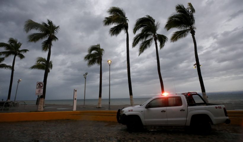 TOPSHOT - Palm trees withstand the wind in Puerto Vallarta, Jalisco State, Mexico, on October 10, 2023, as Hurricane Lidia came ashore near this popular beach resort in the Mexican Pacific coast. Hurricane Lidia made landfall Tuesday on Mexico's Pacific coast as an "extremely dangerous" Category 4 storm, threatening to bring flooding and mudslides, forecasters said. President Andres Manuel Lopez Obrador said earlier that civil protection personnel were on alert and around 6,000 members of the armed forces had been deployed to help residents. (Photo by Ulises RUIZ / AFP) (Photo by ULISES RUIZ/AFP via Getty Images)