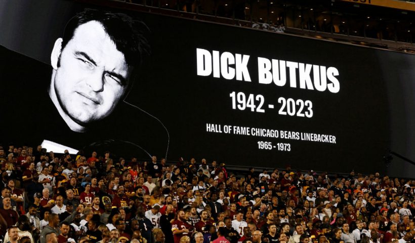 LANDOVER, MARYLAND - OCTOBER 05: A general view during a moment of remembrance for former Chicago Bears Hall of Fame linebacker Dick Butkus at FedExField on October 05, 2023 in Landover, Maryland. Butkus passed away at age 80 on October 05, 2023. (Photo by Greg Fiume/Getty Images)