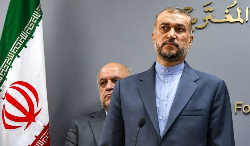 Iran's Foreign Minister Hossein Amir-Abdollahian looks on during a joint press conference with his Lebanese counterpart in Beirut on October 13, 2023. The United States must rein in Israel to avert a regional spillover of the war with Hamas, Iran's top diplomat said in Beirut on October 13, adding Tehran was seeking to safeguard Lebanon's security. He spoke as Hamas and Israel traded heavy fire for a seventh day, after hundreds of Hamas gunmen stormed across the border from Gaza into Israel on October 7 and killed 1,200 people. (Photo by ANWAR AMRO / AFP) (Photo by ANWAR AMRO/AFP via Getty Images)