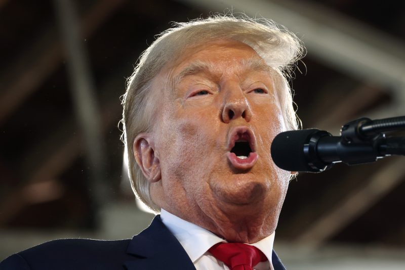 WATERLOO, IOWA - OCTOBER 07: Republican presidential candidate former President Donald Trump speaks to guests during a rally on October 07, 2023 in Waterloo, Iowa. The rally is the first of two scheduled with the former president in Iowa today. (Photo by Scott Olson/Getty Images)