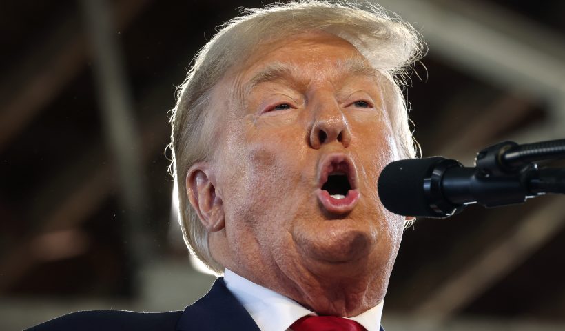 WATERLOO, IOWA - OCTOBER 07: Republican presidential candidate former President Donald Trump speaks to guests during a rally on October 07, 2023 in Waterloo, Iowa. The rally is the first of two scheduled with the former president in Iowa today. (Photo by Scott Olson/Getty Images)