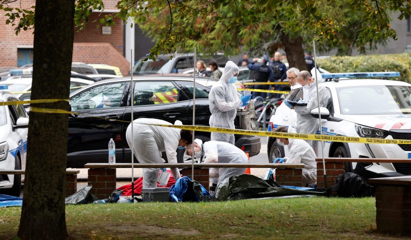 FRANCE-CRIME-POLICE-INVESTIGATION-EDUCATION Police forensic investigators work at the Gambetta high school in Arras, northeastern France on October 13, 2023, after a teacher was killed and two other people severely wounded in a knife attack. A man of Chechen origin stabbed to death a teacher and severely wounded two other adults on Ocotber 13 at a school in northeastern France, with prosectors opening a probe into a suspected act of terror. (Photo by Ludovic MARIN / POOL / AFP) (Photo by LUDOVIC MARIN/POOL/AFP via Getty Images)