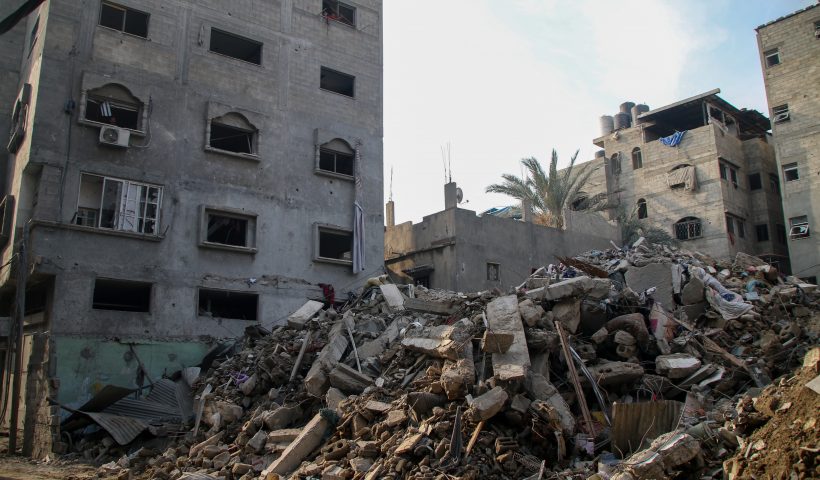 GAZA CITY, GAZA - OCTOBER 08: Palestinian citizens inspect damage to their homes caused by Israeli airstrikes on October 08, 2023 in Gaza City, Gaza. After the attack launched by Hamas on Israel yesterday, which surprised them, Israeli Prime Minister Benjamin Netanyahu asked the Palestinians to leave Gaza, and warned that the army would turn Hamas positions “into rubble.” (Photo by Ahmad Hasaballah/Getty Images)
