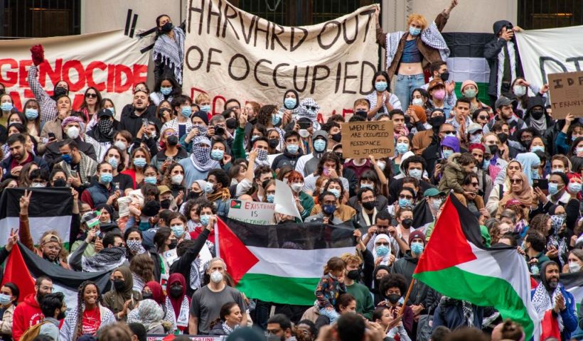 Supporters of Palestine gather at Harvard University to show their support for Palestinians in Gaza at a rally in Cambridge, Massachusetts, on October 14, 2023. Thousands of Palestinians sought refuge on October 14 after Israel warned them to evacuate the northern Gaza Strip before an expected ground offensive against Hamas, one week on from the deadliest attack in Israeli history. (Photo by Joseph Prezioso / AFP) (Photo by JOSEPH PREZIOSO/AFP via Getty Images)