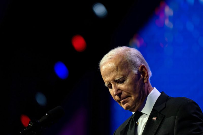 WASHINGTON, DC - OCTOBER 14: US President Joe Biden delivers remark on stage during the 2023 Human Rights Campaign National Dinner at the Washington Convention Center on October, 14, 2023 in Washington, DC. (Photo by Kent Nishimura/Getty Images)