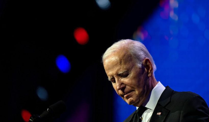 WASHINGTON, DC - OCTOBER 14: US President Joe Biden delivers remark on stage during the 2023 Human Rights Campaign National Dinner at the Washington Convention Center on October, 14, 2023 in Washington, DC. (Photo by Kent Nishimura/Getty Images)