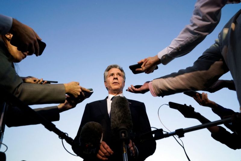 TOPSHOT - US Secretary of State Antony Blinken speaks to the media before boarding his plane in Cairo en route to Jordan on October 15, 2023. Blinken said October 15 there was a consensus among the United States' Arab allies to contain the Israel conflict with Hamas in the Gaza Strip. (Photo by Jacquelyn Martin / POOL / AFP) (Photo by JACQUELYN MARTIN/POOL/AFP via Getty Images)