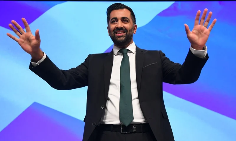 BRITAIN-SCOTLAND-POLITICS-SNP Scotland's First Minister Humza Yousaf reacts after delivering a speech on stage during the Scottish National Party (SNP) annual conference, in Aberdeen, on October 17, 2023. (Photo by ANDY BUCHANAN / AFP) (Photo by ANDY BUCHANAN/AFP via Getty Images)