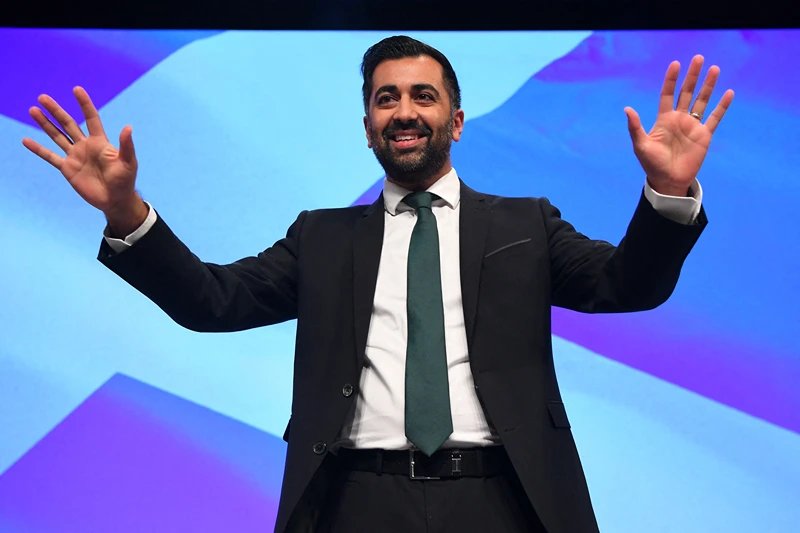 BRITAIN-SCOTLAND-POLITICS-SNP
Scotland's First Minister Humza Yousaf reacts after delivering a speech on stage during the Scottish National Party (SNP) annual conference, in Aberdeen, on October 17, 2023. (Photo by ANDY BUCHANAN / AFP) (Photo by ANDY BUCHANAN/AFP via Getty Images)