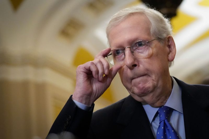WASHINGTON, DC - OCTOBER 17: Senate Minority Leader Mitch McConnell (R-KY) arrives to speak to reporters following a closed-door lunch meeting with Senate Republicans at the U.S. Capitol October 17, 2023 in Washington, DC. McConnell spoke on a range of issues including the United States' support for Israel following the Hamas terrorist attacks. (Photo by Drew Angerer/Getty Images)