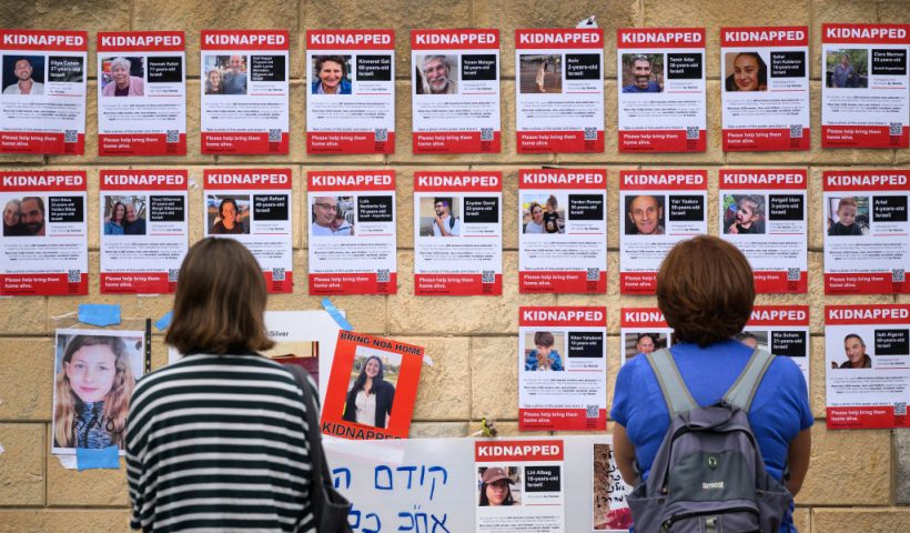 TEL AVIV, ISRAEL - OCTOBER 18: Photographs of some of those taken hostage by Hamas during their recent attacks are seen on October 18, 2023 in Tel Aviv, Israel. As Israel prepares to invade the Gaza Strip in its campaign to vanquish Hamas, the Palestinian militant group that launched a deadly attack in southern Israel on October 7th, worries are growing of a wider war with multiple fronts, including at the country's northern border with Lebanon. Countries have scrambled to evacuate their citizens from Israel, and Israel has begun relocating residents some communities on its northern border. Meanwhile, hundreds of thousands of residents of northern Gaza have fled to the southern part of the territory, following Israel's vow to launch a ground invasion. (Photo by Leon Neal/Getty Images)