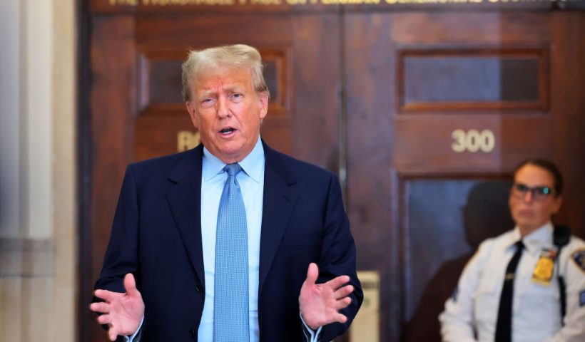NEW YORK, NEW YORK - OCTOBER 18: Former President Donald Trump speaks after returning from a break during his civil fraud trial at New York State Supreme Court on October 18, 2023 in New York City. Trump may be forced to sell off his properties after Justice Arthur Engoron canceled his business certificates after ruling that he committed fraud for years while building his real estate empire after being sued by Attorney General Letitia James, who is seeking $250 million in damages. The trial will determine how much he and his companies will be penalized for the fraud. (Photo by Michael M. Santiago/Getty Images)