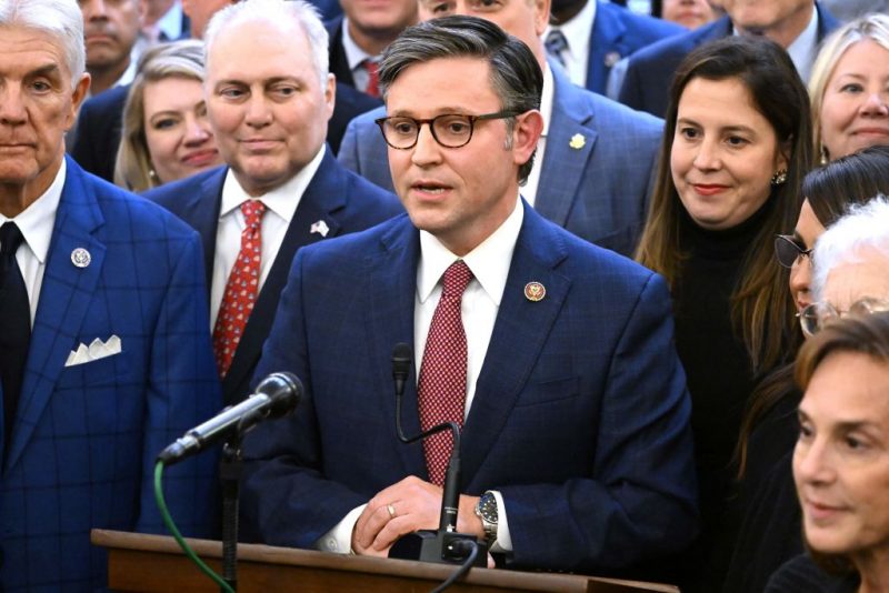 Mike Johnson (C) (R-LA) speaks after being nominated Republican speaker of the US House of Representatives at Capitol Hill, in Washington, DC on October 24, 2023. Republicans made their fourth pick in just two weeks to replace the ousted speaker of the US House of Representatives, underlining the chaos engulfing the fragmented party after three previous nominees failed to win the gavel. Louisiana's Mike Johnson won an internal party vote just hours after previous nominee, Majority Whip Tom Emmer, buckled under a backlash led by former president Donald Trump and announced his withdrawal. (Photo by SAUL LOEB / AFP) (Photo by SAUL LOEB/AFP via Getty Images)