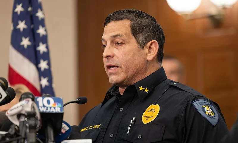 LEWISTON, MAINE - OCTOBER 26: Lewiston Police Chief David St. Pierre speaks during a press conference about the mass shooting on October 26, 2023 in Lewiston, Maine. Police are still searching for the suspect in the shooting, Robert Card, who allegedly killed 18 people in two separate locations on Wednesday night. (Photo by Scott Eisen/Getty Images)