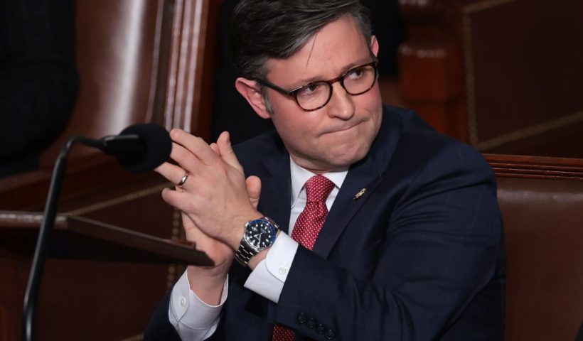 WASHINGTON, DC - OCTOBER 25: U.S. Rep. Mike Johnson (R-LA) applauds alongside fellow lawmakers as the House of Representatives holds an election for a new Speaker of the House at the U.S. Capitol on October 25, 2023 in Washington, DC. After a contentious nominating period that has seen four candidates over a three-week period, the House GOP conference selected Johnson as their most recent nominee to succeed former Speaker Kevin McCarthy (R-CA), who was ousted on October 4 in a move led by a small group of conservative members of his own party. (Photo by Win McNamee/Getty Images)