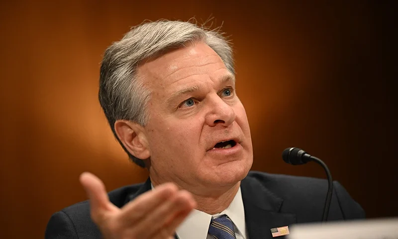 FBI Director Christopher Wray testifies during a Senate Homeland Security and Government Affairs Committee hearing on Capitol Hill in Washington, DC, on October 31, 2023. (Photo by Mandel NGAN / AFP) (Photo by MANDEL NGAN/AFP via Getty Images)