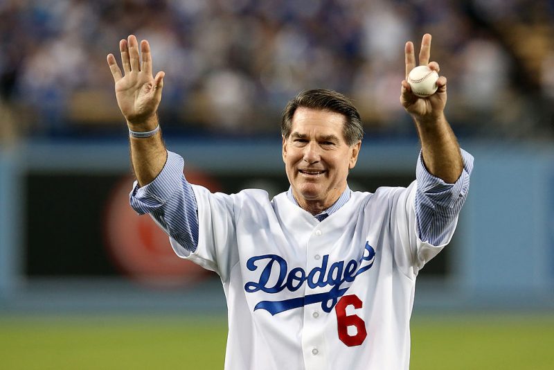 LOS ANGELES, CA - OCTOBER 07: Los Angeles Dodgers legend Steve Garvey throws out a ceremonial first pitch before the Dodgers take on the Atlanta Braves in Game Four of the National League Division Series at Dodger Stadium on October 7, 2013 in Los Angeles, California. (Photo by Stephen Dunn/Getty Images)