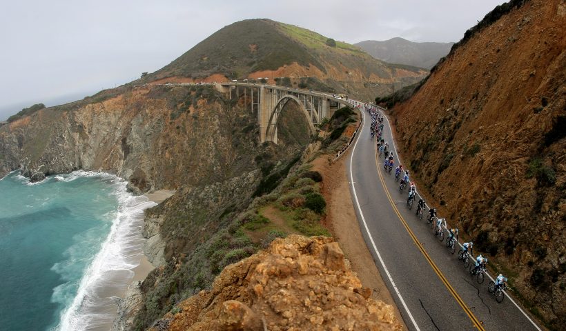 MONTEREY COUNTY, CA - FEBRUARY 21: The Astana lead peloton crosses the Bixby Bridge on The Pacific Coast Highway during Stage 4 of the Amgen Tour of California on February 21,2008 from Seaside to San Luis Obispo, California. (Photo by Doug Pensinger/Getty Images)