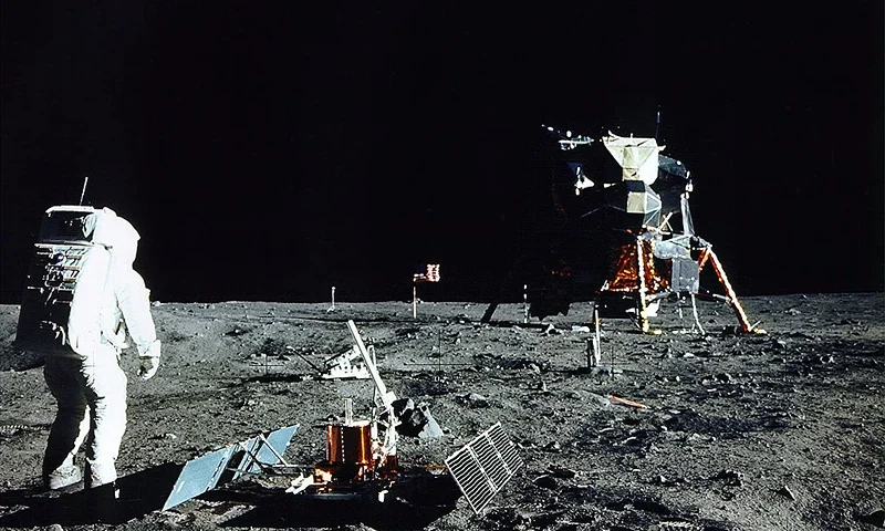 376713 17: (FILE PHOTO) Astronaut Edwin E. Aldrin Jr., Lunar Module Pilot, stands near a scientific experiment on the lunar surface. Man's first landing on the Moon occurred July 20, 1969 as Lunar Module "Eagle" touched down gently on the Sea of Tranquility on the east side of the Moon. The 30th anniversary of the Apollo 11 Moon mission is celebrated July 20, 1999. (Photo by NASA/Newsmakers)