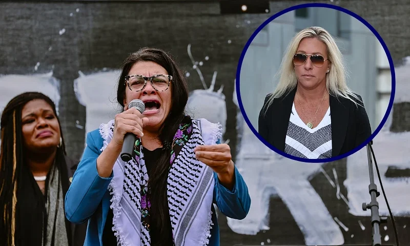 (L)10/20/2023, Washington, DC, united states. Rep. Rashida Tlaib delivers a passionate speech, emphasizing the necessity of a ceasefire in Gaza during a rally at the U.S. Capitol. Thousands of demonstrators convened to urge a ceasefire in Gaza, with Representative Cori Bush (D-MO) visible on stage in the background (Photo by Ali Khaligh / Middle East Images / Middle East Images via AFP) (Photo by ALI KHALIGH/Middle East Images/AFP via Getty Images) (R)WASHINGTON, DC - OCTOBER 16: U.S. Rep. Marjorie Taylor Greene (R-GA) arrives at the E. Barrett Prettyman U.S. Court House October 16, 2023 in Washington, DC. Greene attended a hearing held by U.S. District Judge Tanya S. Chutkan on Special Counsel Jack Smith’s request for a partial gag order in the USA v. Trump case. (Photo by Kevin Dietsch/Getty Images)