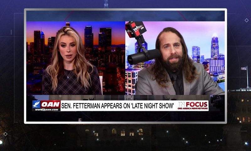 Video still from In Focus on One America News Network showing a split screen of the host on the left side, and on the right side is the guest, Jess Weber.