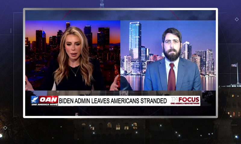 Video still from In Focus on One America News Network showing a split screen of the host on the left side, and on the right side is the guest, Alex Newman.