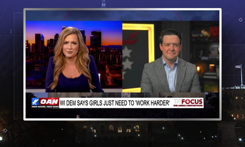 Video still from In Focus on One America News Network showing a split screen of the host on the left side, and on the right side is the guest, Ryan Helfenbein.