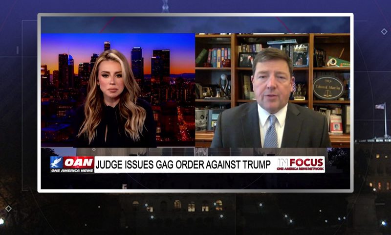 Video still from In Focus on One America News Network showing a split screen of the host on the left side, and on the right side is the guest, Ed Martin.