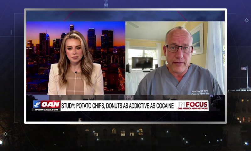Video still from In Focus on One America News Network showing a split screen of the host on the left side, and on the right side is the guest, Dr. Pierre Kory.