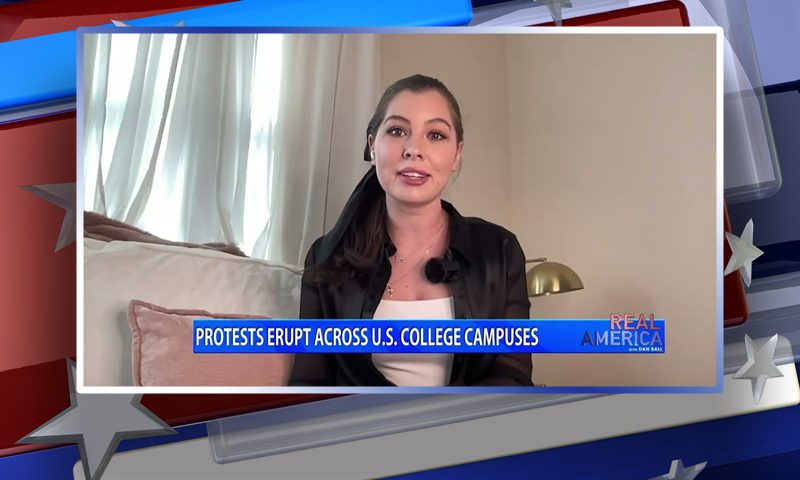 Video still from Real America on One America News Network during an interview with the guest.