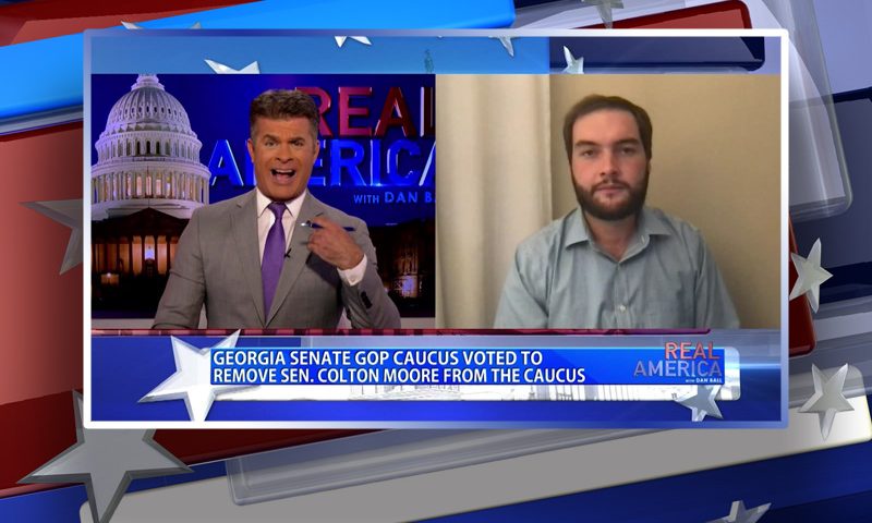 Video still from Colton Moore's interview with Real America on One America News Network