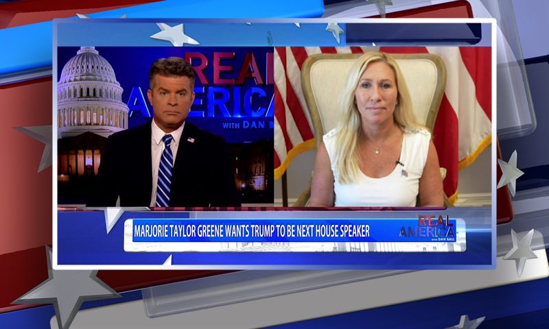 Video still from Rep. Marjorie Taylor Greene's interview with Real America on One America News Network