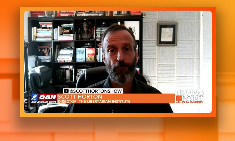 Video still from Tipping Point on One America News Network during an interview with the guest, Scott Horton.
