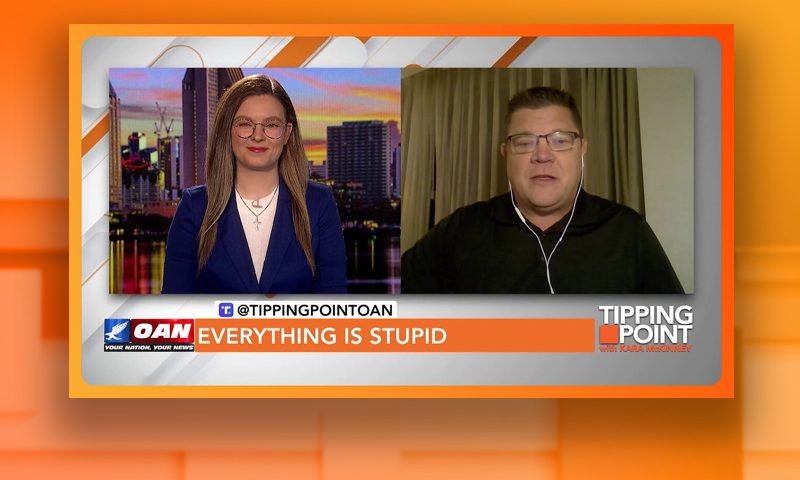 Video still from Tipping Point on One America News Network showing a split screen of the host on the left side, and on the right side is the guest, Jim Nelles.