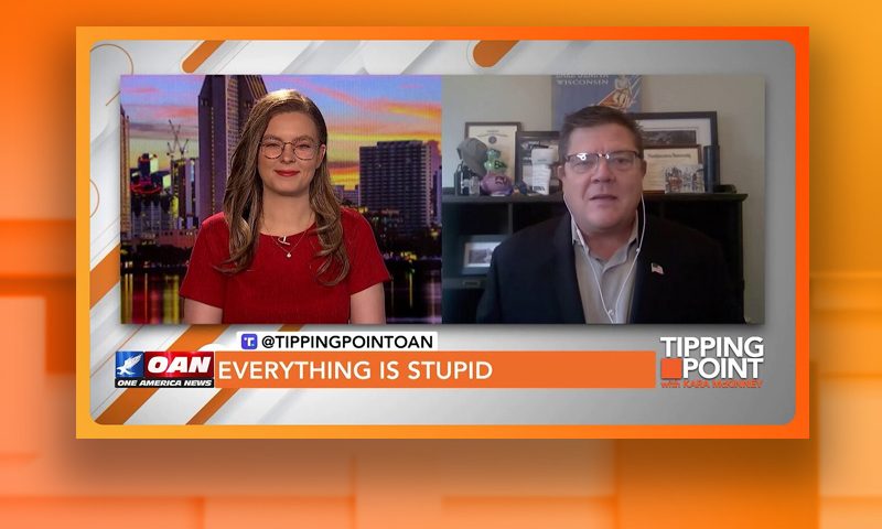Video still from Tipping Point on One America News Network showing a split screen of the host on the left side, and on the right side is the guest, Jim Nelles.