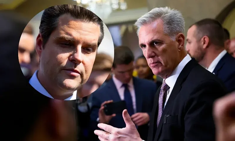 (L) WASHINGTON, DC - OCTOBER 02: Rep. Matt Gaetz (R-FL) talks to reporters outside of the U.S. Capitol Building on October 02, 2023 in Washington, DC. Gaetz spoke on the House floor and said that later this week he will introduce a motion to vacate Speaker of the House Kevin McCarthy (R-CA) following an agreement over the weekend to avert a partial shutdown of the federal government. (Photo by Anna Moneymaker/Getty Images) (R) WASHINGTON, DC - OCTOBER 02: U.S. Speaker of the House Kevin McCarthy (R-CA) speaks to reporters outside of his office after arriving at the U.S. Capitol Building on October 02, 2023 in Washington, DC. During a television interview this past weekend Rep. Matt Gaetz (R-FL) expressed his displeasure for Speaker McCarthy's leadership and handling of securing government funding to avert a shutdown and said he intends to introduce a motion to vacate Speaker McCarthy. (Photo by Anna Moneymaker/Getty Images)
