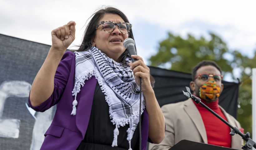 FILE - Rep. Rashida Tlaib, D-Mich., speaks during a demonstration calling for a ceasefire in Gaza, Oct. 18, 2023, near the Capitol in Washington. On Monday, Nov. 6, Tlaib responded to criticisms from fellow Democrats regarding a video she posted Friday, Nov. 3, that included a clip of demonstrators chanting “from the river to the sea.” Tlaib said in her response that her “colleagues” are trying to silence her and are “distorting her words.” (AP Photo/Amanda Andrade-Rhoades, File)