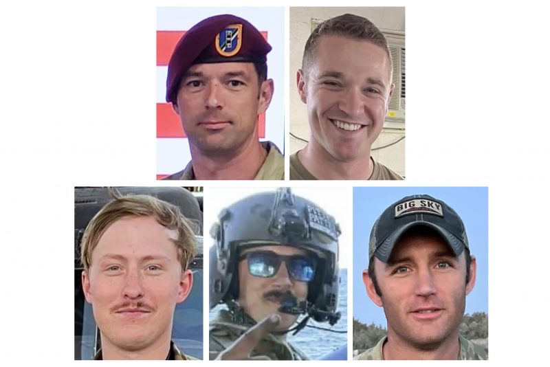 These undated photos provided by U.S. Army Special Operations Command Public Affairs, shows the five Army aviation special operations forces killed when their helicopter crashed in the Eastern Mediterranean over the weekend. From top left to bottom right are, Chief Warrant Officer 3 Stephen R. Dwyer, of Clarksville, Tenn., Sgt. Andrew P. Southard, of Apache Junction, Ariz., Staff Sgt. Tanner W. Grone, of Gorham, N.H., Sgt. Cade M. Wolfe, of Mankato, Minn., and Chief Warrant Officer 2 Shane M. Barnes, of Sacramento, Calif. They were based in Kentucky. (U.S. Army Special Operations Command Public Affairs via AP)