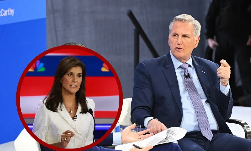 (L)MIAMI, FLORIDA - NOVEMBER 08: Republican presidential candidate former U.N. Ambassador Nikki Haley speaks during the NBC News Republican Presidential Primary Debate at the Adrienne Arsht Center for the Performing Arts of Miami-Dade County on November 8, 2023 in Miami, Florida. Five presidential hopefuls squared off in the third Republican primary debate as former U.S. President Donald Trump, currently facing indictments in four locations, declined again to participate. (Photo by Joe Raedle/Getty Images) / (R) NEW YORK, NEW YORK - NOVEMBER 29: (L-R) Andrew Ross Sorkin and former Speaker of the U.S. House of Representatives Rep. Kevin McCarthy (R-CA) speaks onstage during The New York Times Dealbook Summit 2023 at Jazz at Lincoln Center on November 29, 2023 in New York City. (Photo by Slaven Vlasic/Getty Images for The New York Times)
