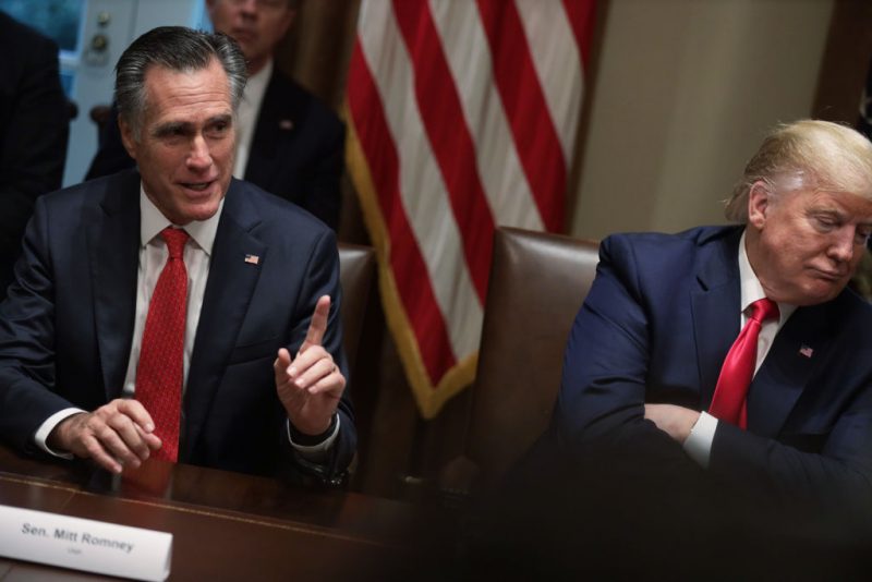 WASHINGTON, DC - NOVEMBER 22: U.S. Sen. Mitt Romney (R-UT) speaks as President Donald Trump listens during a listening session on youth vaping of electronic cigarette on November 22, 2019 in the Cabinet Room of the White House in Washington, DC. President Trump met with business and concern group leaders to discuss on how to regulate vaping products and keep youth away from them. (Photo by Alex Wong/Getty Images)