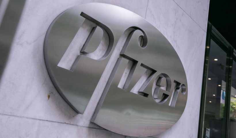 NEW YORK, NY - JULY 22: Pfizer Inc. signage is seen on July 22, 2020 in New York City. Pfizer and German biotechnology firm BioNTech have agreed to supply the U.S. government with 100 million doses of coronavirus vaccine under a $1.95 billion deal. (Photo by Jeenah Moon/Getty Images)