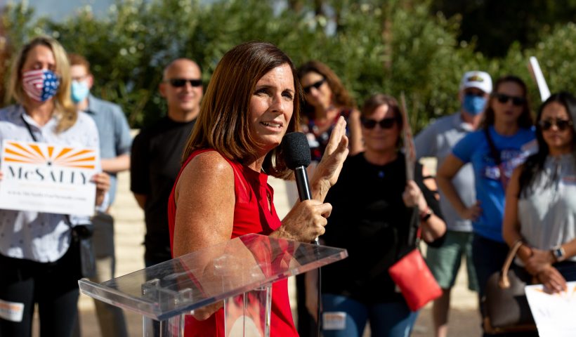 PHOENIX, AZ - NOVEMBER 02: Republican U.S. Senate candidate Sen. Martha McSally (R-AZ) speaks to supporters at the AZGOP Headquarters on November 2, 2020 in Phoenix, Arizona. The McSally for Senate campaign and the Arizona Republican Party announced the #AZFighter Tour across Arizona, as a final push before Election Day. (Photo by Courtney Pedroza/Getty Images)