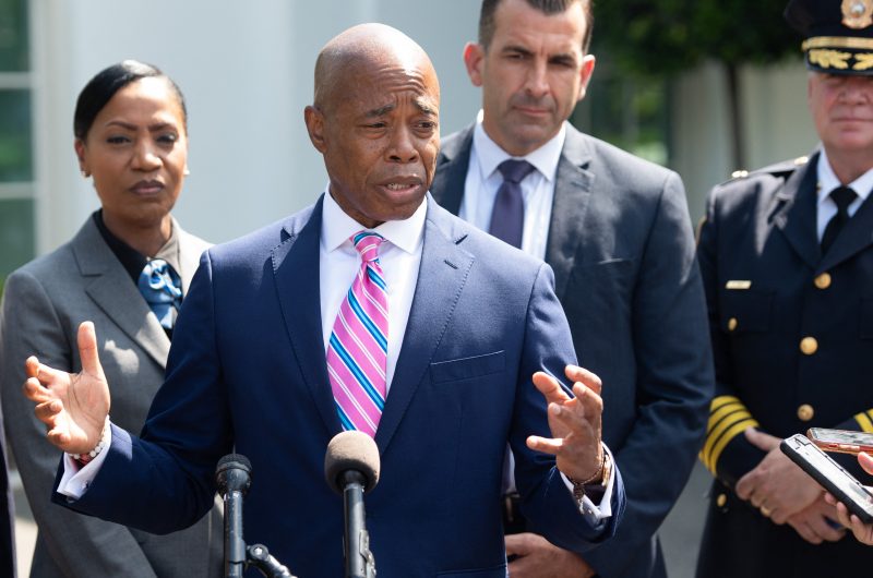 Brooklyn Borough President and New York City mayoral candidate Eric Adams (C) speaks to the media alongside other local and law enforcement officials outside the West Wing of the White House in Washington, DC, July 12, 2021, after attending a meeting with US President Joe Biden about reducing gun violence. (Photo by SAUL LOEB / AFP) (Photo by SAUL LOEB/AFP via Getty Images)