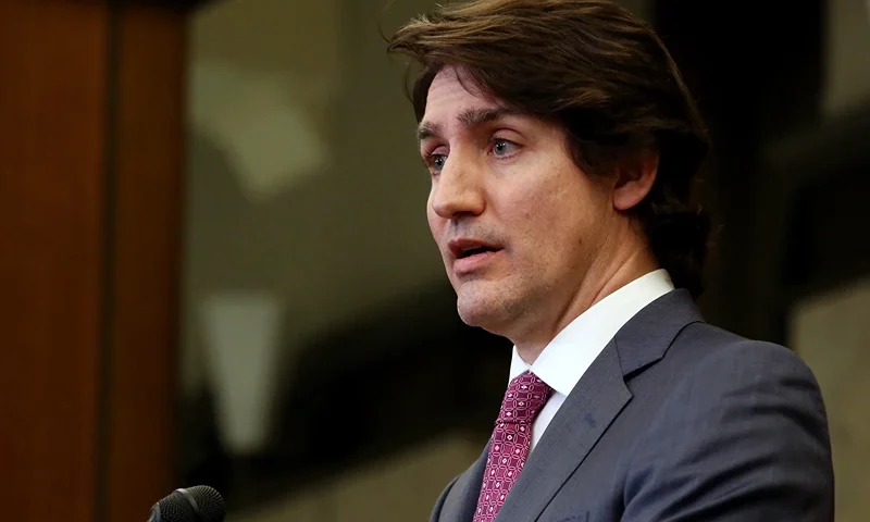 CANADA-HEALTH-VIRUS-PROTEST-TRUDEAU Canada's Prime Minister Justin Trudeau comments on the on going truckers mandate protest during a news conference on Parliament Hill in Ottawa, Canada on February 14, 2022. - Canadian Prime Minister Justin Trudeau on February 14, 2022 invoked rarely-used emergency powers to bring an end to trucker-led protests against Covid health rules, after police arrested 11 people with a "cache of firearms" blocking a border crossing with the United States. (Photo by Dave Chan / AFP) (Photo by DAVE CHAN/AFP via Getty Images)