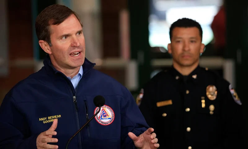 Shooting At Louisville, Kentucky Bank Leaves At Least Four Dead LOUISVILLE, KY - APRIL 10: Andy Beshear, Governor of Kentucky, speaks during a news conference after a gunman opened fire at the Old National Bank building on April 10, 2023 in Louisville, Kentucky. According to reports, there are multiple fatalities and injuries but the shooter died at the scene. (Photo by Luke Sharrett/Getty Images)