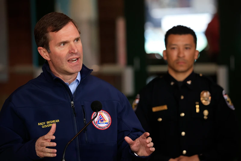 Shooting At Louisville, Kentucky Bank Leaves At Least Four Dead
LOUISVILLE, KY - APRIL 10: Andy Beshear, Governor of Kentucky, speaks during a news conference after a gunman opened fire at the Old National Bank building on April 10, 2023 in Louisville, Kentucky. According to reports, there are multiple fatalities and injuries but the shooter died at the scene. (Photo by Luke Sharrett/Getty Images)