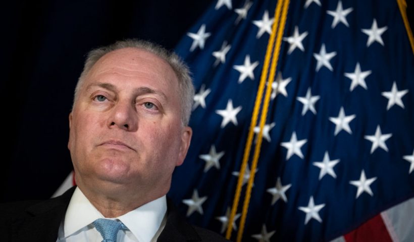 WASHINGTON, DC - MAY 10: Rep. Steve Scalise (R-LA) waits to speak during a news conference after a caucus meeting with House Republicans on Capitol Hill May 10, 2023 in Washington, DC. The House Republicans fielded several questions about their colleague Rep. George Santos (R-NY) who was charged by federal prosecutors in a 13-count indictment that includes charges of wire fraud, money laundering, theft of public funds on Wednesday morning. (Photo by Drew Angerer/Getty Images)