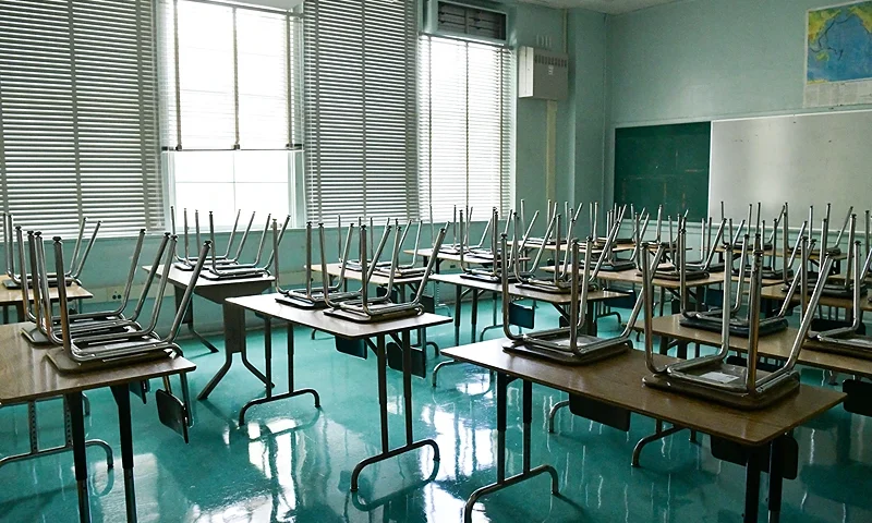 HOLLYWOOD, CALIFORNIA - AUGUST 13: An empty classroom is seen at Hollywood High School on August 13, 2020 in Hollywood, California. With over 734,000 enrolled students, the Los Angeles Unified School District is the largest public school system in California and the 2nd largest public school district in the United States. With the advent of COVID-19, blended learning, or combined online and classroom learning, will become the norm for the coming school year. (Photo by Rodin Eckenroth/Getty Images)
