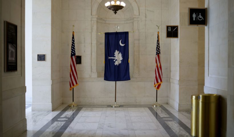 WASHINGTON, DC - AUGUST 02: The South Carolina state flag is seen at the end of the hallway near the office of U.S. Sen. Lindsey Graham (R-SC) in the Russell Senate Office Building on August 02, 2021 in Washington, DC. Graham announced earlier today on his Twitter account that he had tested positive for Covid-19. (Photo by Anna Moneymaker/Getty Images)